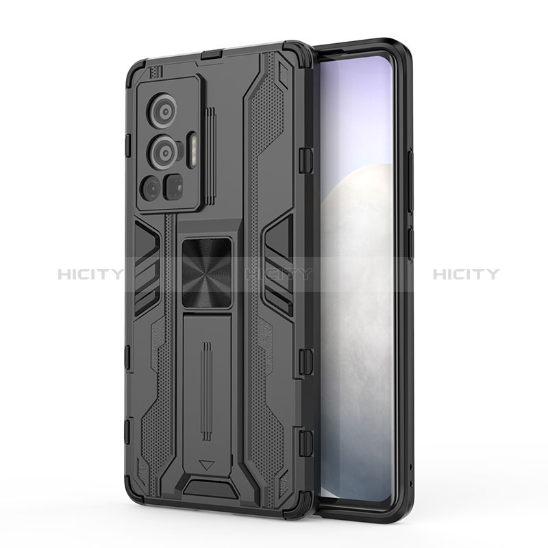 Coque Contour Silicone et Plastique Housse Etui Mat avec Aimant Magnetique Support KC3 pour Vivo X70 Pro 5G Noir Plus