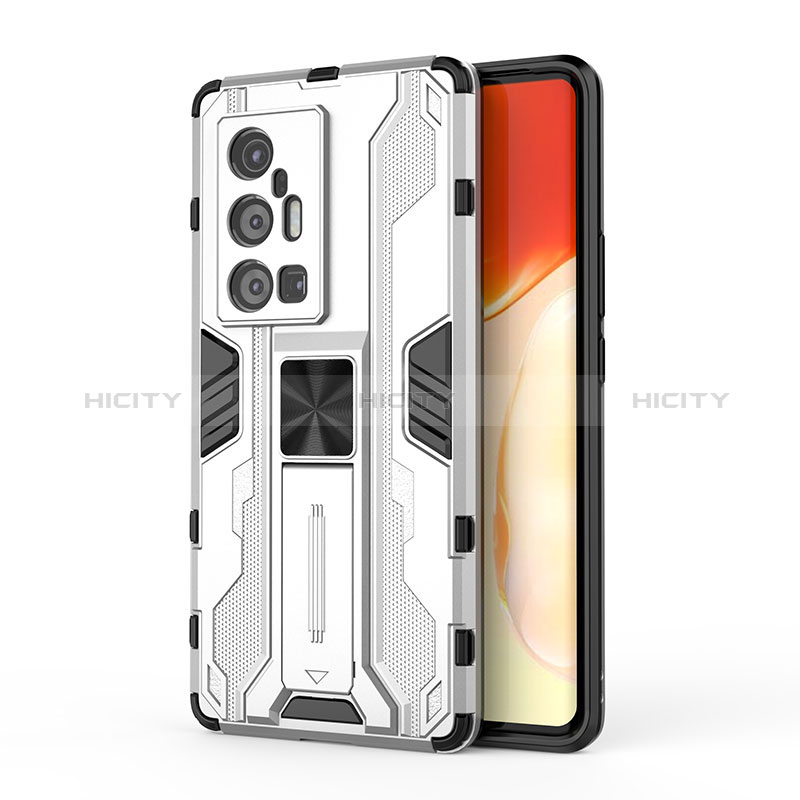 Coque Contour Silicone et Plastique Housse Etui Mat avec Aimant Magnetique Support KC3 pour Vivo X70 Pro+ Plus 5G Blanc Plus