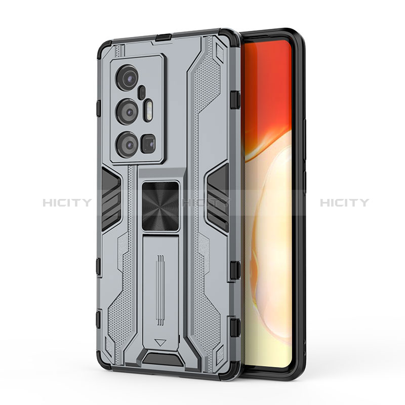 Coque Contour Silicone et Plastique Housse Etui Mat avec Aimant Magnetique Support KC3 pour Vivo X70 Pro+ Plus 5G Gris Plus