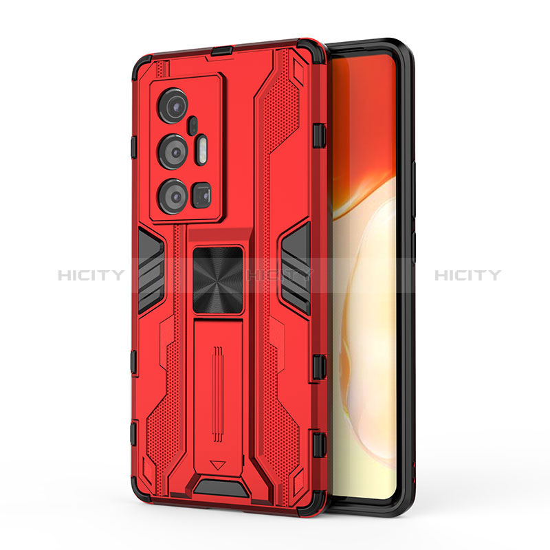 Coque Contour Silicone et Plastique Housse Etui Mat avec Aimant Magnetique Support KC3 pour Vivo X70 Pro+ Plus 5G Rouge Plus