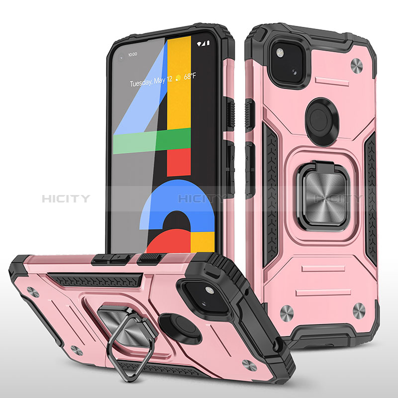 Coque Contour Silicone et Plastique Housse Etui Mat avec Aimant Magnetique Support MQ1 pour Google Pixel 4a Or Rose Plus