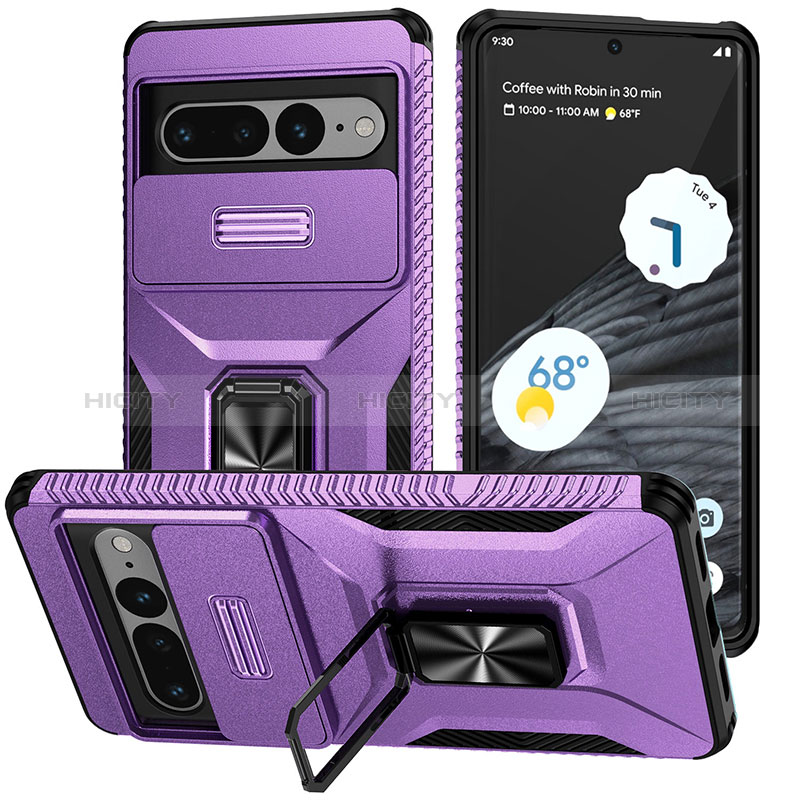 Coque Contour Silicone et Plastique Housse Etui Mat avec Aimant Magnetique Support MQ1 pour Google Pixel 7 Pro 5G Violet Plus