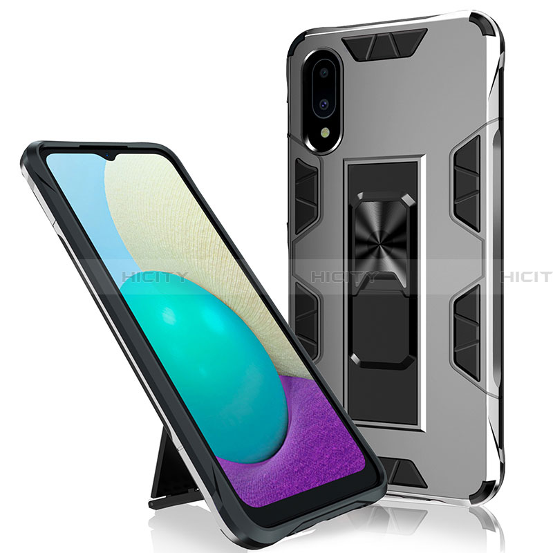 Coque Contour Silicone et Plastique Housse Etui Mat avec Aimant Magnetique Support MQ1 pour Samsung Galaxy A02 Argent Plus