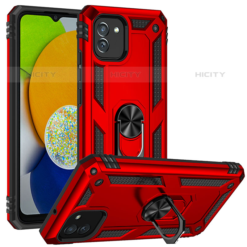 Coque Contour Silicone et Plastique Housse Etui Mat avec Aimant Magnetique Support MQ1 pour Samsung Galaxy A03 Rouge Plus