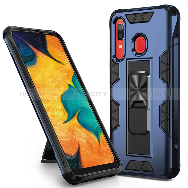 Coque Contour Silicone et Plastique Housse Etui Mat avec Aimant Magnetique Support MQ1 pour Samsung Galaxy A20 Bleu Plus