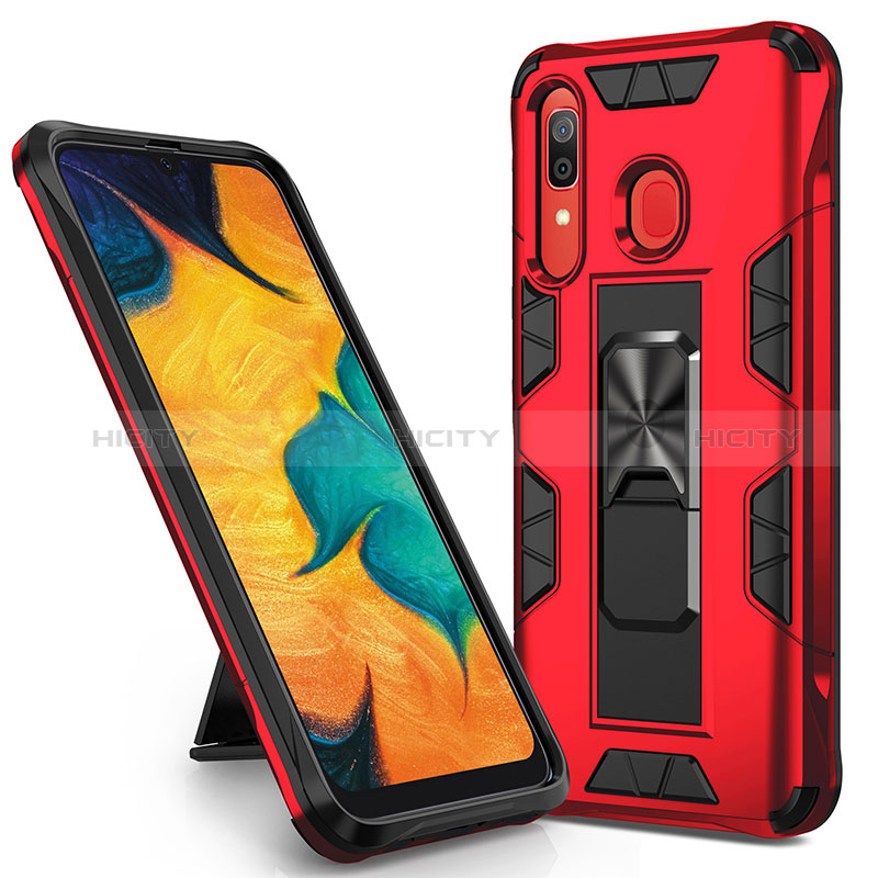 Coque Contour Silicone et Plastique Housse Etui Mat avec Aimant Magnetique Support MQ1 pour Samsung Galaxy A20 Rouge Plus