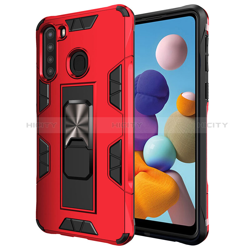 Coque Contour Silicone et Plastique Housse Etui Mat avec Aimant Magnetique Support MQ1 pour Samsung Galaxy A21 Rouge Plus