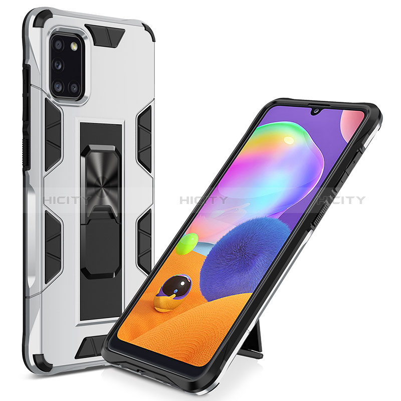 Coque Contour Silicone et Plastique Housse Etui Mat avec Aimant Magnetique Support MQ1 pour Samsung Galaxy A31 Argent Plus