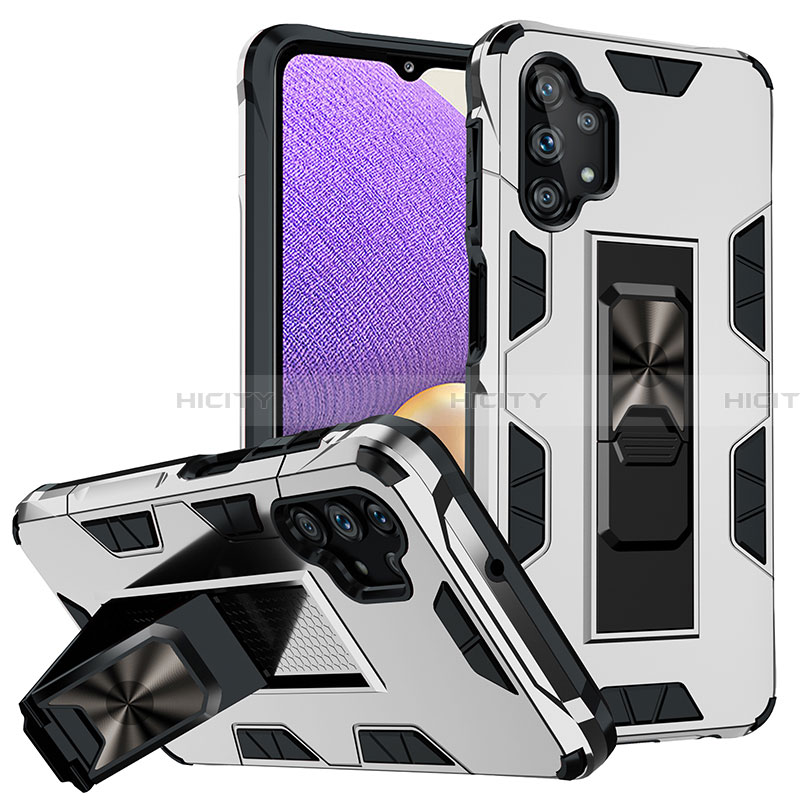 Coque Contour Silicone et Plastique Housse Etui Mat avec Aimant Magnetique Support MQ1 pour Samsung Galaxy A32 5G Argent Plus