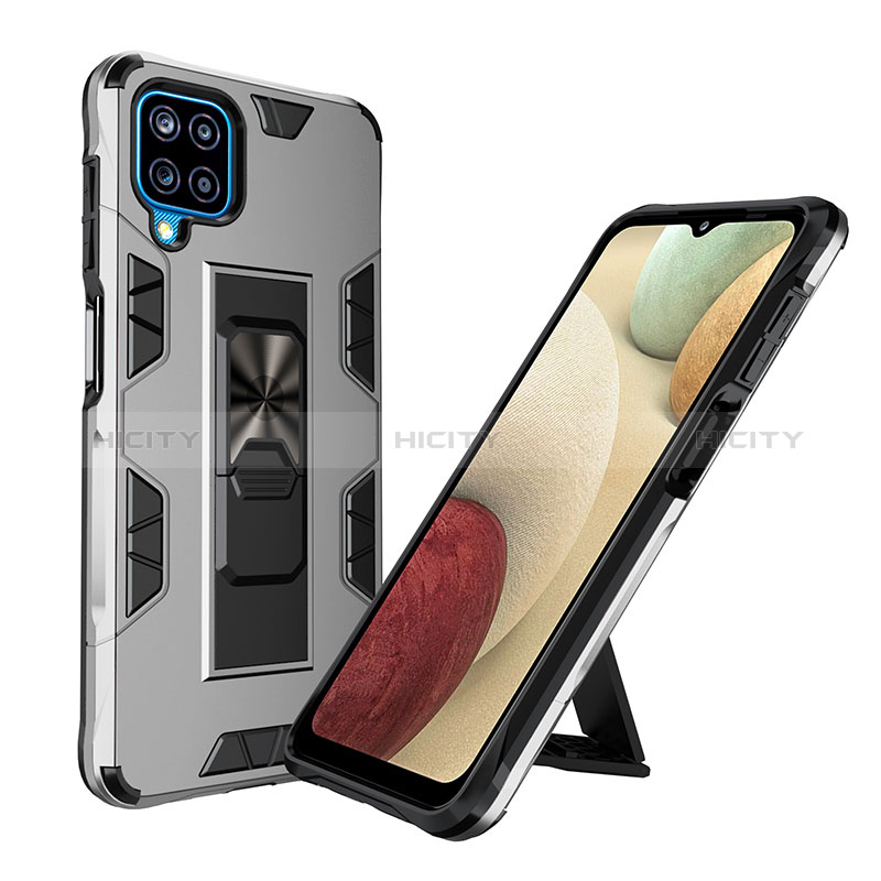 Coque Contour Silicone et Plastique Housse Etui Mat avec Aimant Magnetique Support MQ1 pour Samsung Galaxy F12 Argent Plus