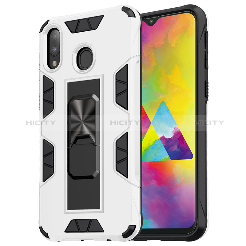 Coque Contour Silicone et Plastique Housse Etui Mat avec Aimant Magnetique Support MQ1 pour Samsung Galaxy M20 Blanc Plus