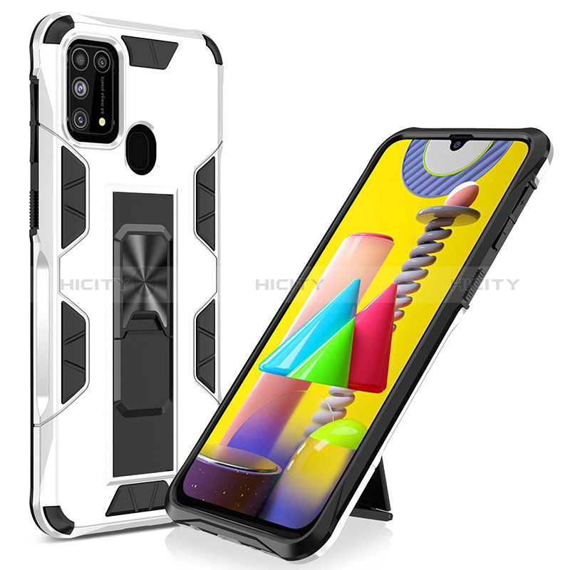 Coque Contour Silicone et Plastique Housse Etui Mat avec Aimant Magnetique Support MQ1 pour Samsung Galaxy M21s Blanc Plus