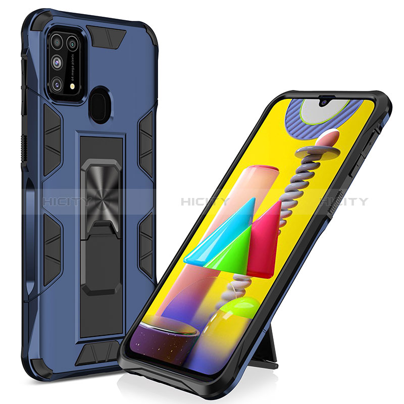 Coque Contour Silicone et Plastique Housse Etui Mat avec Aimant Magnetique Support MQ1 pour Samsung Galaxy M21s Bleu Plus