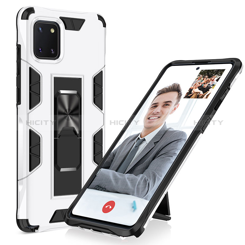 Coque Contour Silicone et Plastique Housse Etui Mat avec Aimant Magnetique Support MQ1 pour Samsung Galaxy M60s Blanc Plus