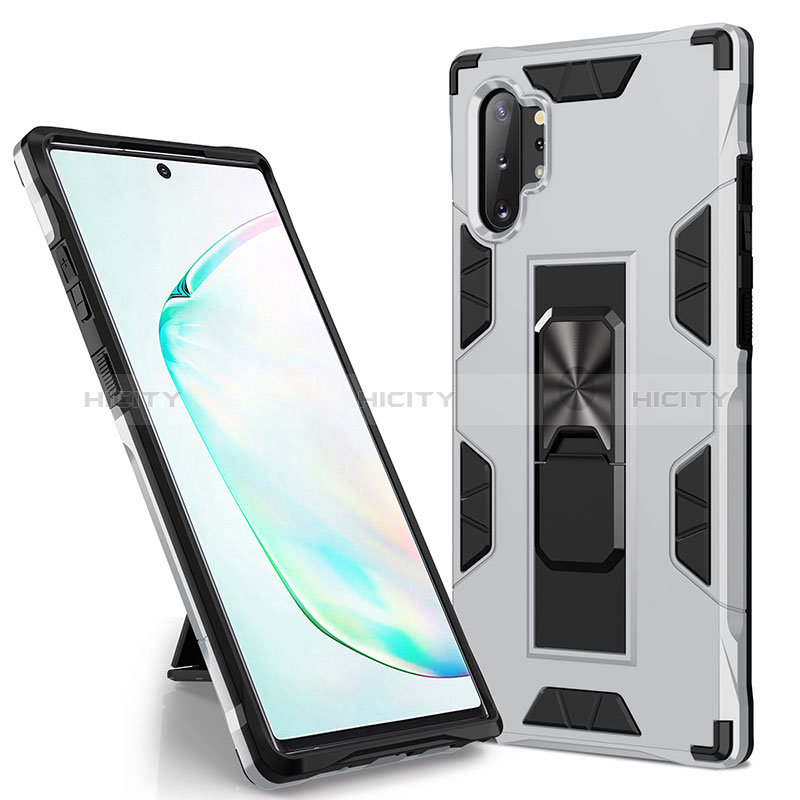 Coque Contour Silicone et Plastique Housse Etui Mat avec Aimant Magnetique Support MQ1 pour Samsung Galaxy Note 10 Plus 5G Argent Plus