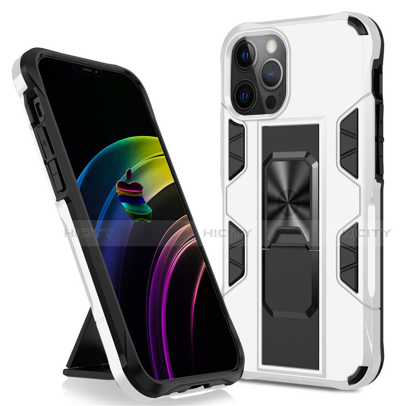 Coque Contour Silicone et Plastique Housse Etui Mat avec Aimant Magnetique Support pour Apple iPhone 12 Pro Max Blanc Plus