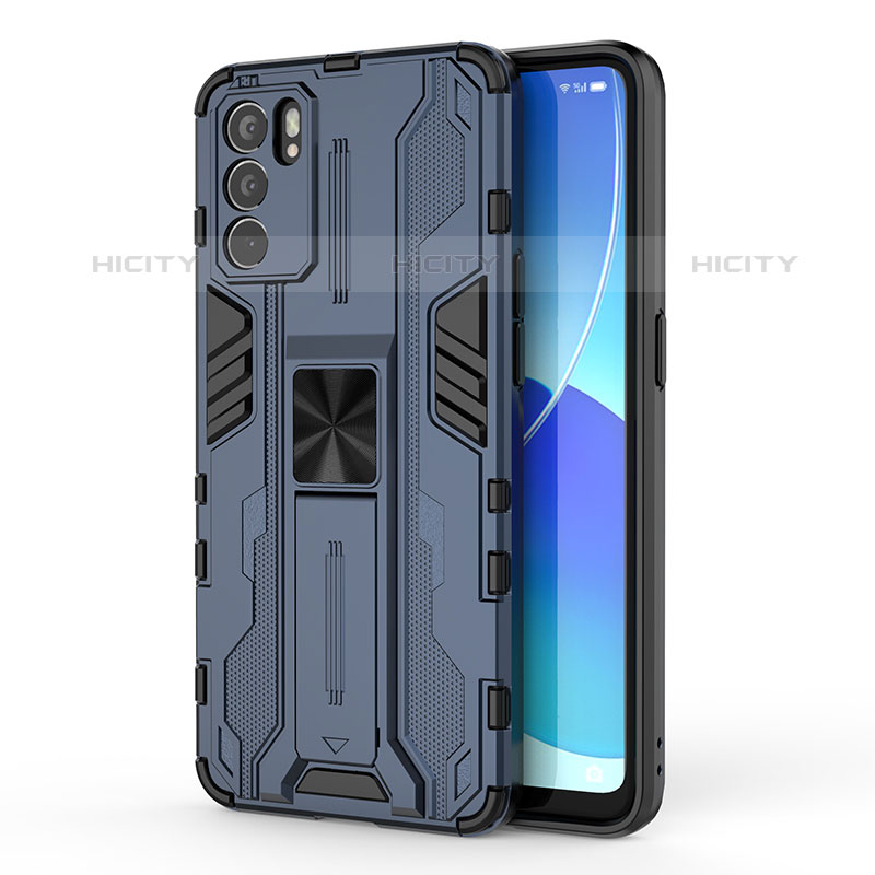 Coque Contour Silicone et Plastique Housse Etui Mat avec Aimant Magnetique Support pour Oppo Reno6 5G Bleu Plus