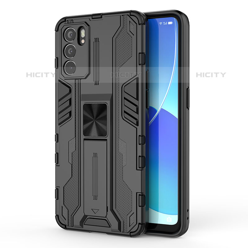 Coque Contour Silicone et Plastique Housse Etui Mat avec Aimant Magnetique Support pour Oppo Reno6 5G Noir Plus