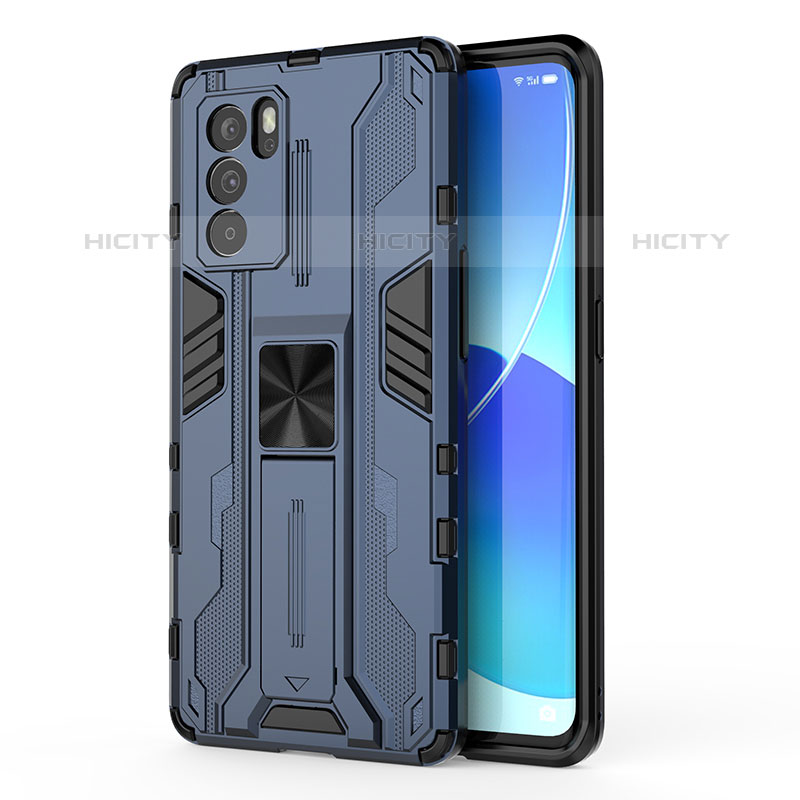 Coque Contour Silicone et Plastique Housse Etui Mat avec Aimant Magnetique Support pour Oppo Reno6 Pro 5G India Bleu Plus