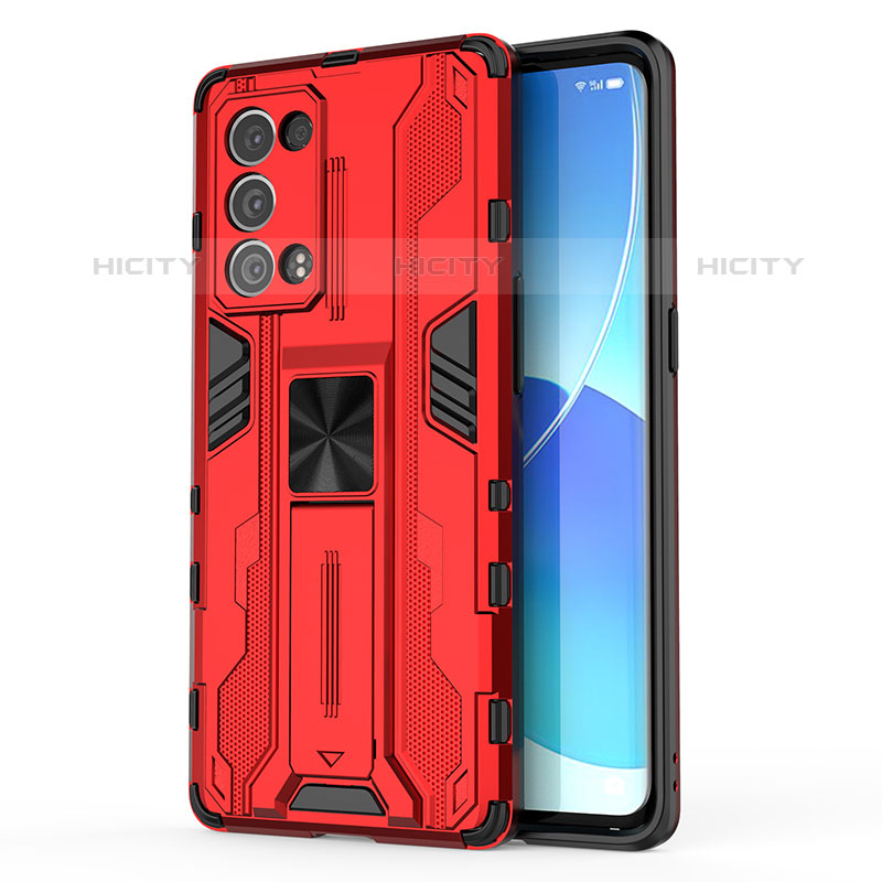 Coque Contour Silicone et Plastique Housse Etui Mat avec Aimant Magnetique Support pour Oppo Reno6 Pro 5G Rouge Plus