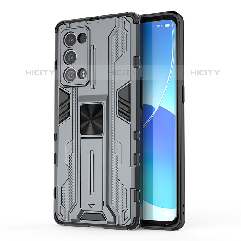 Coque Contour Silicone et Plastique Housse Etui Mat avec Aimant Magnetique Support pour Oppo Reno6 Pro+ Plus 5G Gris Plus