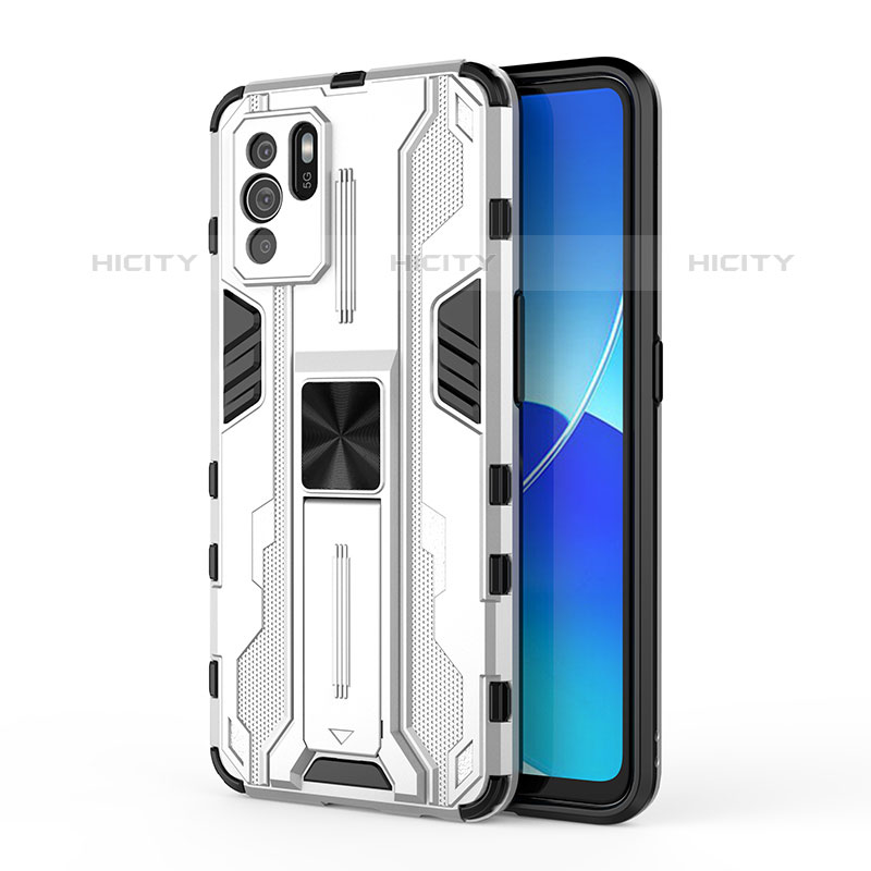 Coque Contour Silicone et Plastique Housse Etui Mat avec Aimant Magnetique Support pour Oppo Reno6 Z 5G Blanc Plus