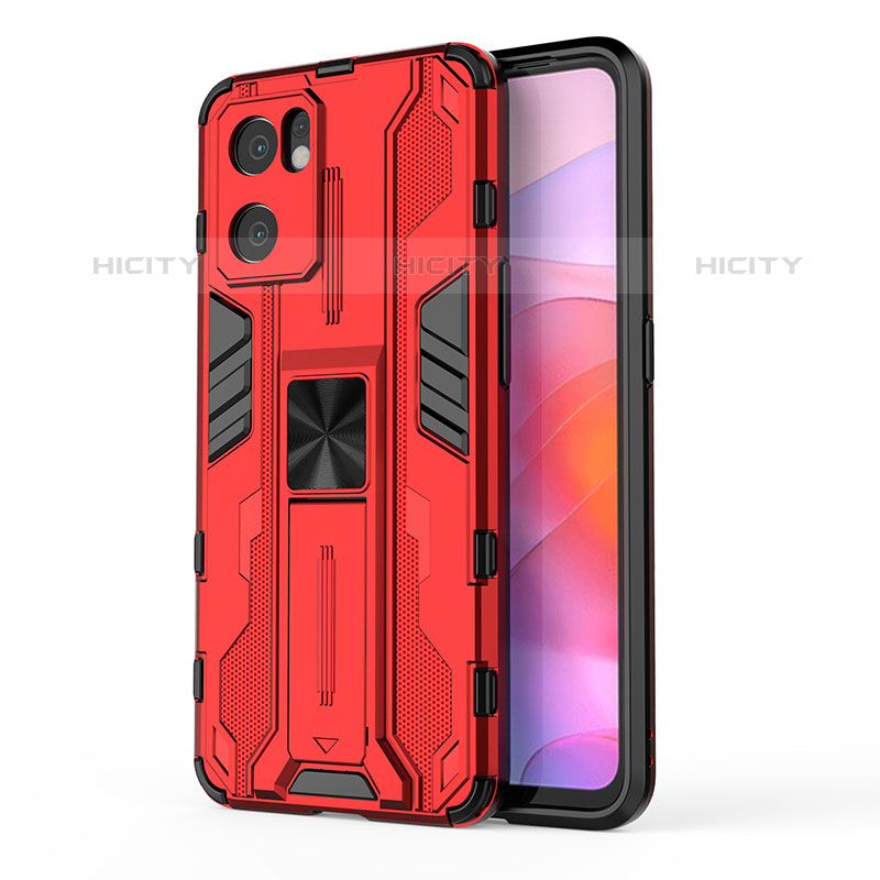 Coque Contour Silicone et Plastique Housse Etui Mat avec Aimant Magnetique Support pour Oppo Reno7 SE 5G Rouge Plus