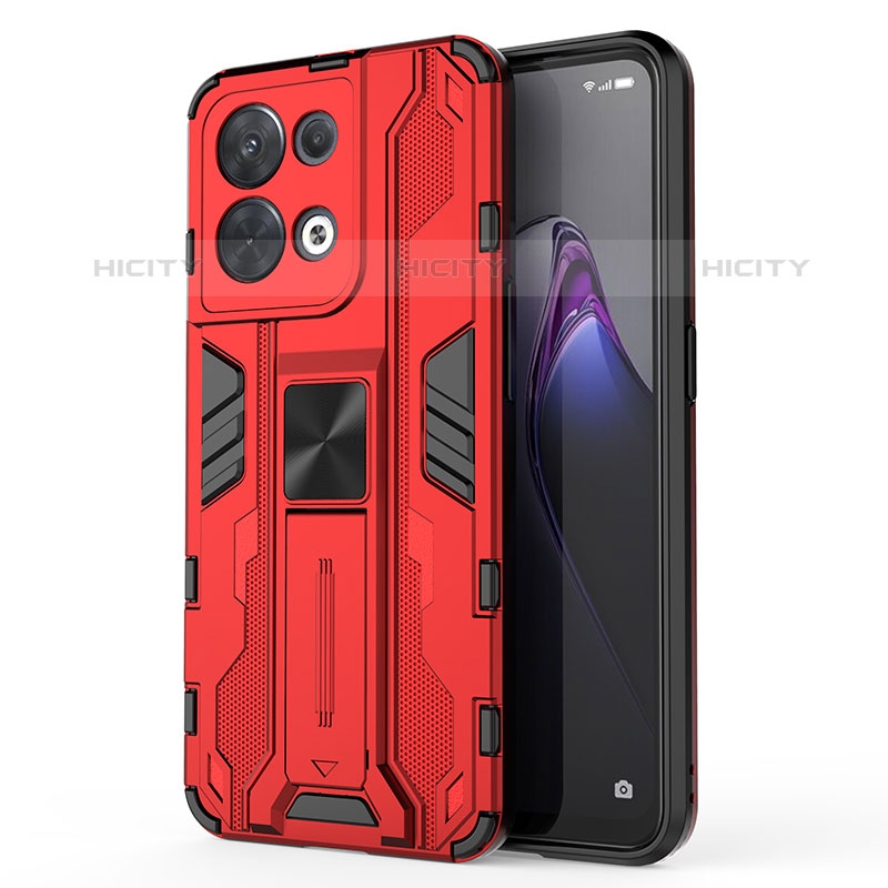 Coque Contour Silicone et Plastique Housse Etui Mat avec Aimant Magnetique Support pour Oppo Reno9 5G Rouge Plus