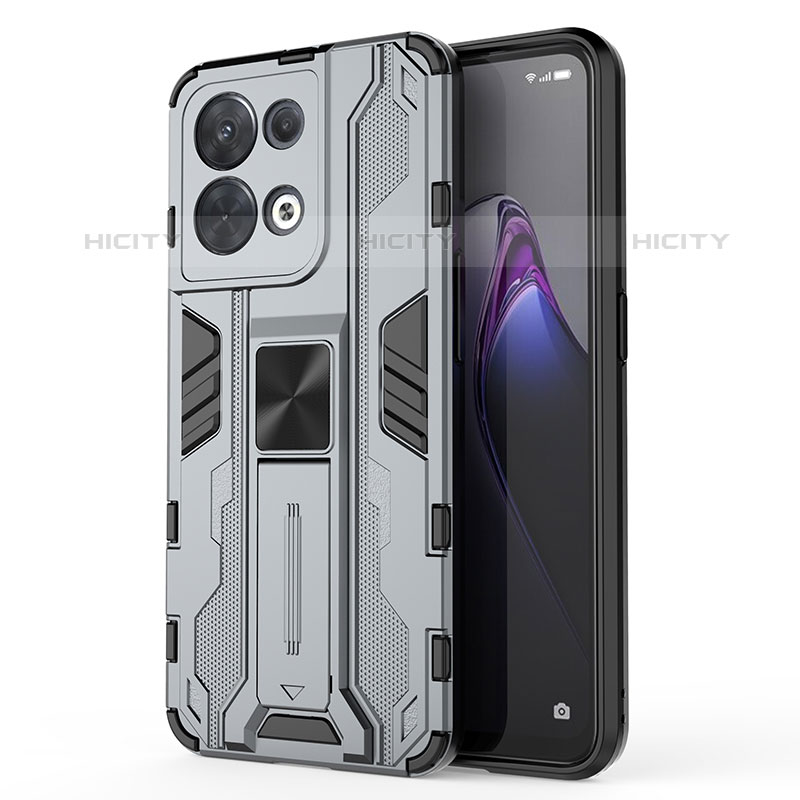 Coque Contour Silicone et Plastique Housse Etui Mat avec Aimant Magnetique Support pour Oppo Reno9 Pro 5G Gris Plus