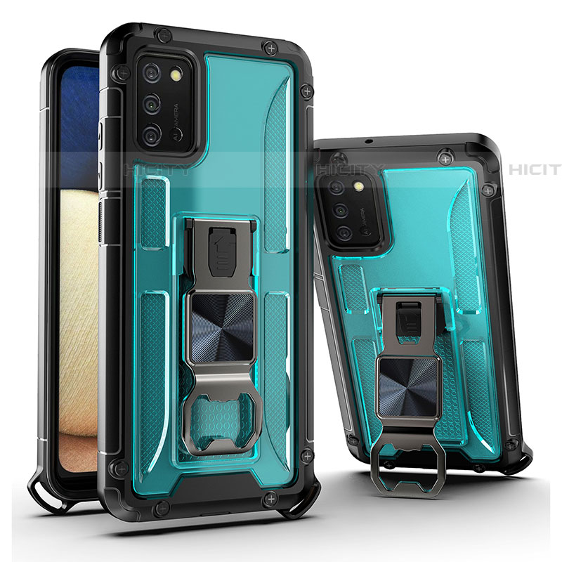 Coque Contour Silicone et Plastique Housse Etui Mat avec Aimant Magnetique Support Q01W pour Samsung Galaxy A03s Bleu Ciel Plus