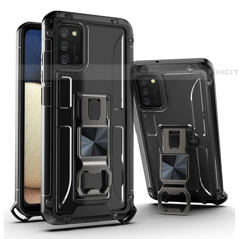 Coque Contour Silicone et Plastique Housse Etui Mat avec Aimant Magnetique Support Q01W pour Samsung Galaxy A03s Noir Plus