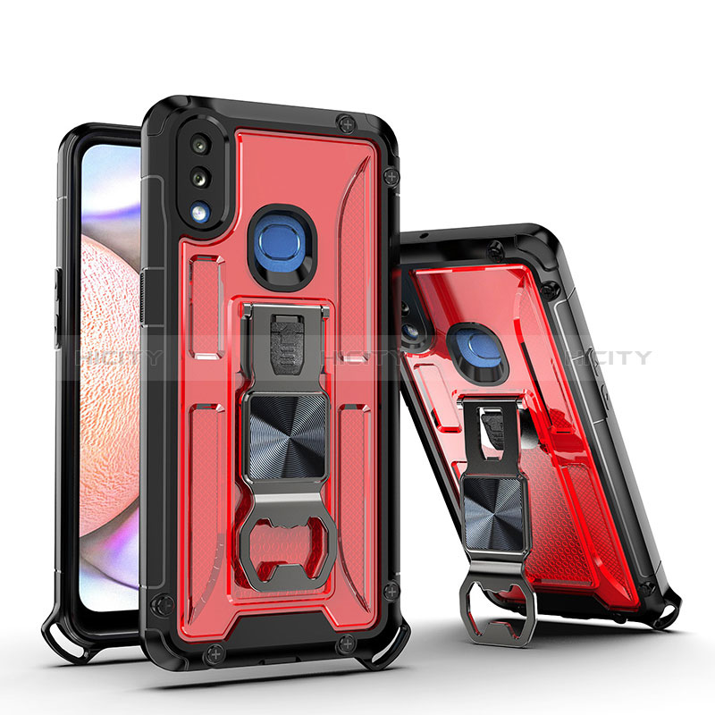 Coque Contour Silicone et Plastique Housse Etui Mat avec Aimant Magnetique Support Q01W pour Samsung Galaxy A10s Rouge Plus