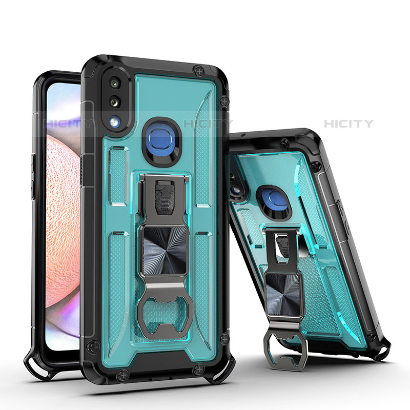 Coque Contour Silicone et Plastique Housse Etui Mat avec Aimant Magnetique Support Q01W pour Samsung Galaxy M01s Bleu Ciel Plus