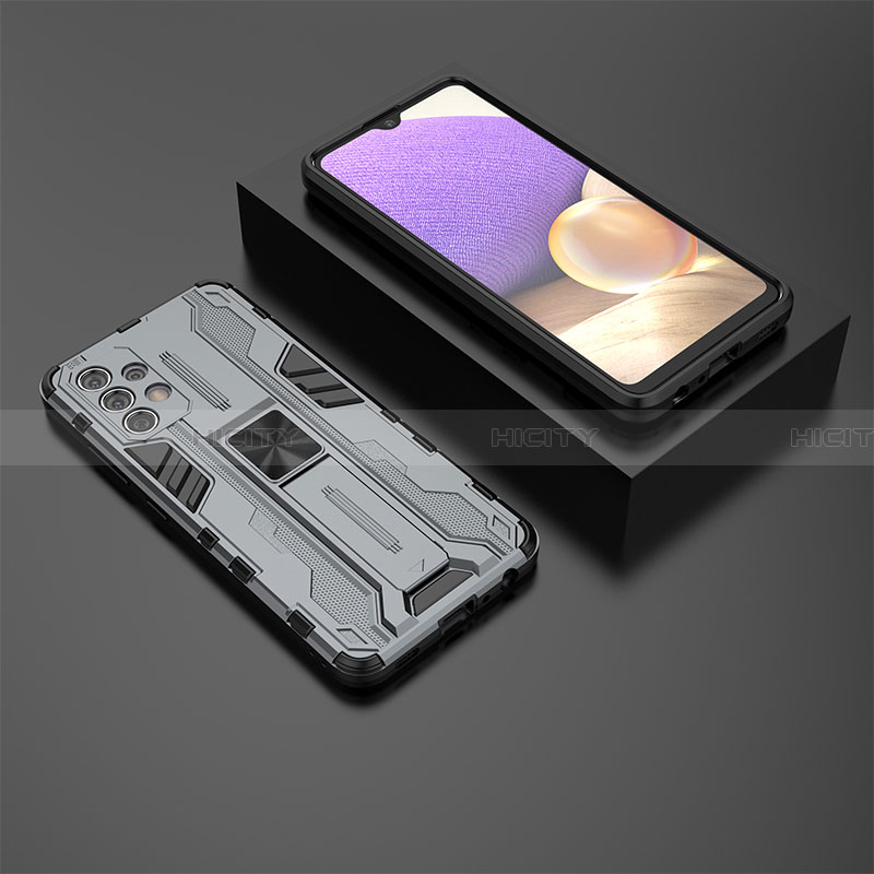 Coque Contour Silicone et Plastique Housse Etui Mat avec Aimant Magnetique Support T01 pour Samsung Galaxy A32 4G Gris Plus