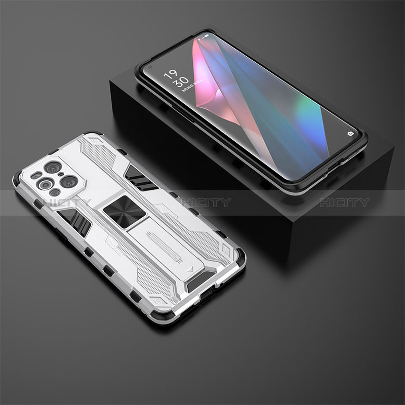 Coque Contour Silicone et Plastique Housse Etui Mat avec Aimant Magnetique Support T02 pour Oppo Find X3 5G Blanc Plus