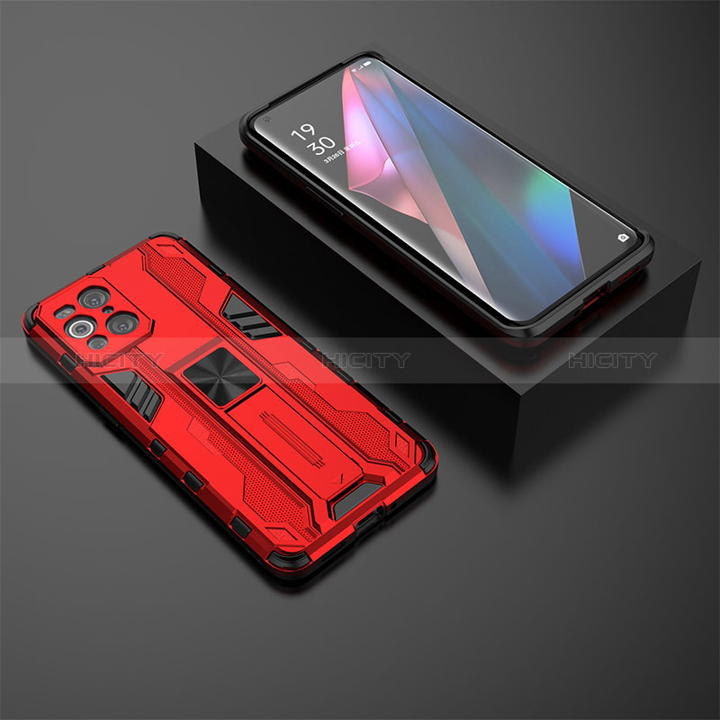 Coque Contour Silicone et Plastique Housse Etui Mat avec Aimant Magnetique Support T02 pour Oppo Find X3 5G Rouge Plus