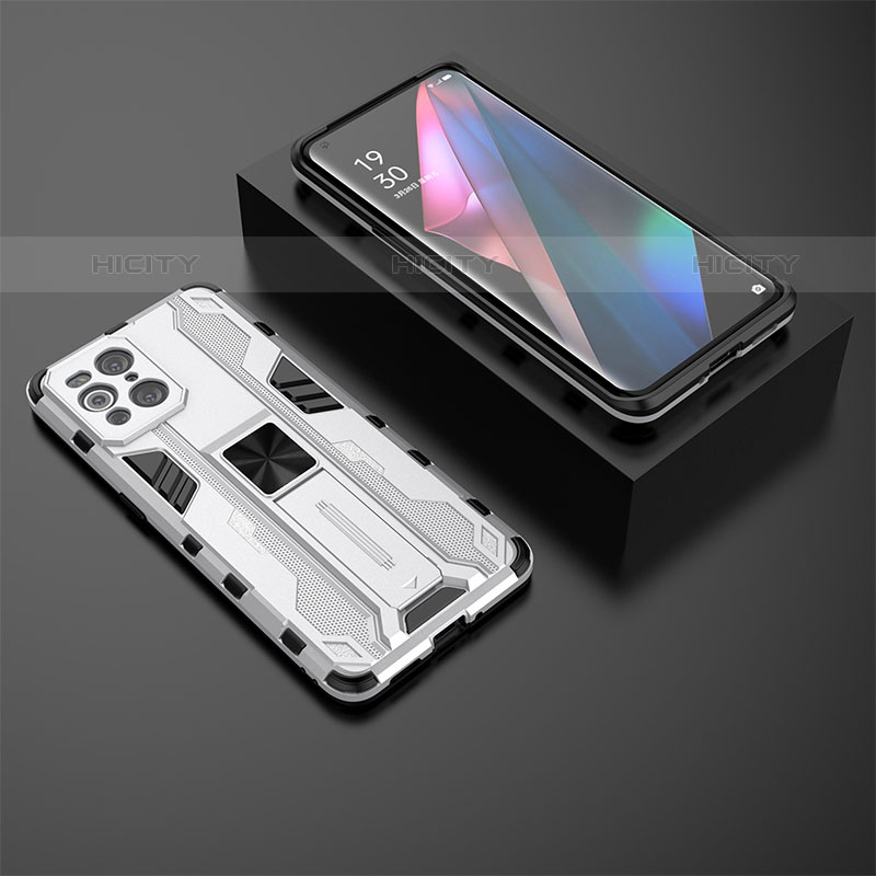 Coque Contour Silicone et Plastique Housse Etui Mat avec Aimant Magnetique Support T02 pour Oppo Find X3 Pro 5G Blanc Plus