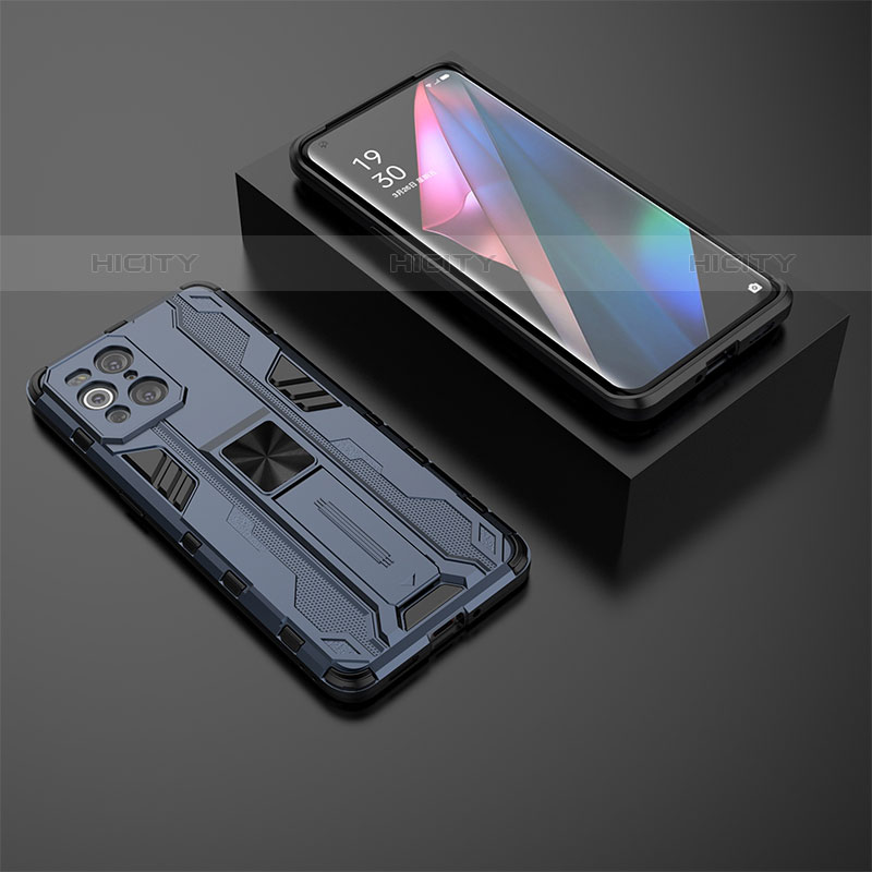 Coque Contour Silicone et Plastique Housse Etui Mat avec Aimant Magnetique Support T02 pour Oppo Find X3 Pro 5G Bleu Plus