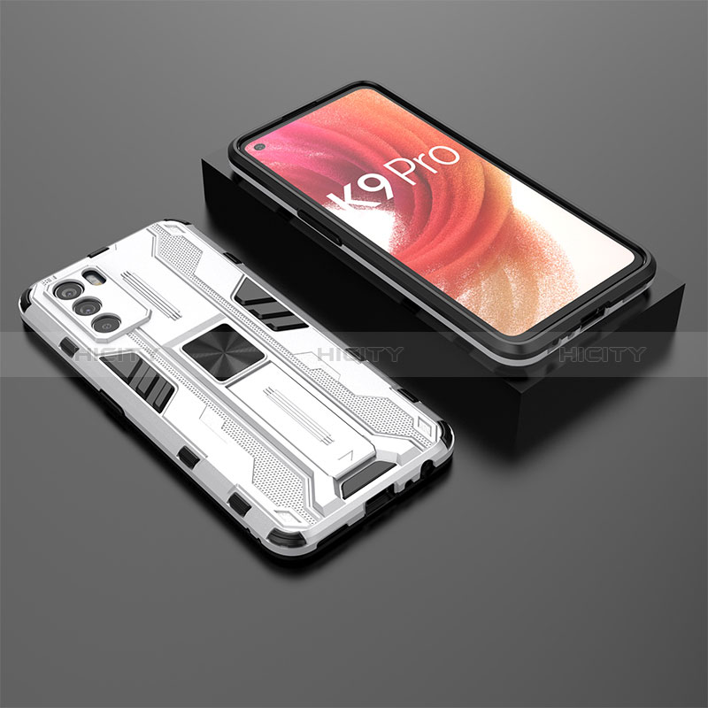 Coque Contour Silicone et Plastique Housse Etui Mat avec Aimant Magnetique Support T02 pour Oppo K9 Pro 5G Blanc Plus