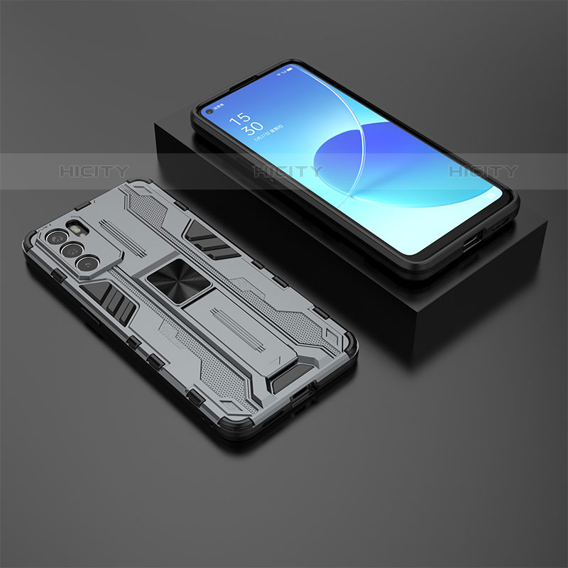 Coque Contour Silicone et Plastique Housse Etui Mat avec Aimant Magnetique Support T02 pour Oppo Reno6 5G Gris Plus