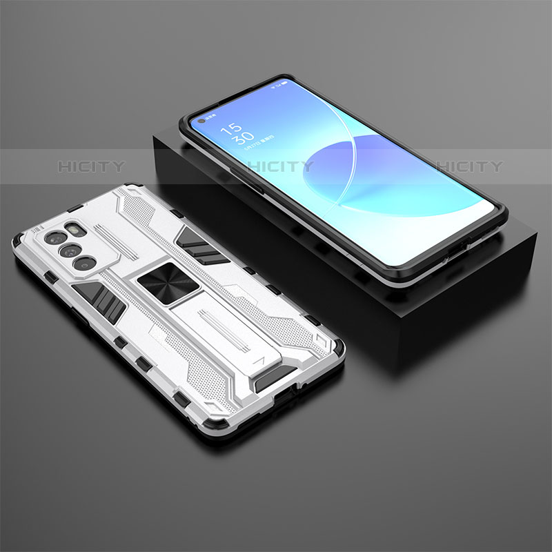 Coque Contour Silicone et Plastique Housse Etui Mat avec Aimant Magnetique Support T02 pour Oppo Reno6 Pro 5G India Blanc Plus