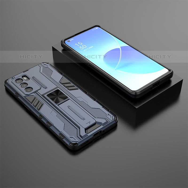 Coque Contour Silicone et Plastique Housse Etui Mat avec Aimant Magnetique Support T02 pour Oppo Reno6 Pro 5G India Bleu Plus