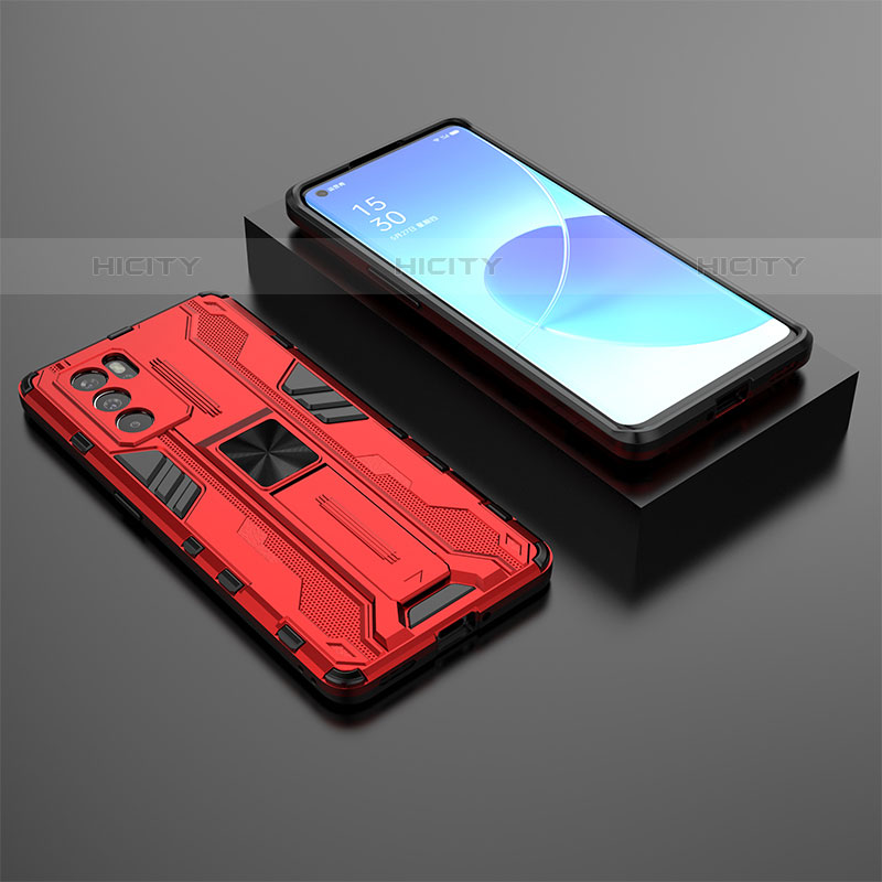 Coque Contour Silicone et Plastique Housse Etui Mat avec Aimant Magnetique Support T02 pour Oppo Reno6 Pro 5G India Rouge Plus