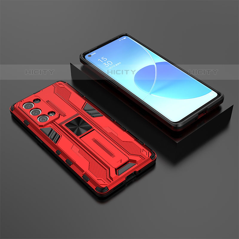 Coque Contour Silicone et Plastique Housse Etui Mat avec Aimant Magnetique Support T02 pour Oppo Reno6 Pro+ Plus 5G Rouge Plus