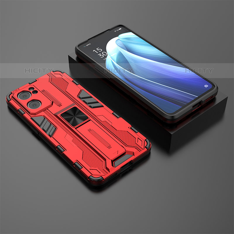 Coque Contour Silicone et Plastique Housse Etui Mat avec Aimant Magnetique Support T02 pour Oppo Reno7 5G Rouge Plus