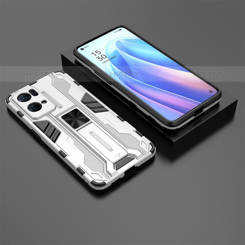 Coque Contour Silicone et Plastique Housse Etui Mat avec Aimant Magnetique Support T02 pour Oppo Reno7 Pro 5G Blanc Plus