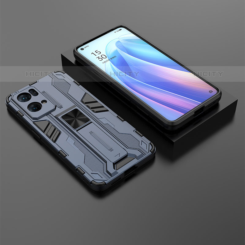 Coque Contour Silicone et Plastique Housse Etui Mat avec Aimant Magnetique Support T02 pour Oppo Reno7 Pro 5G Bleu Plus