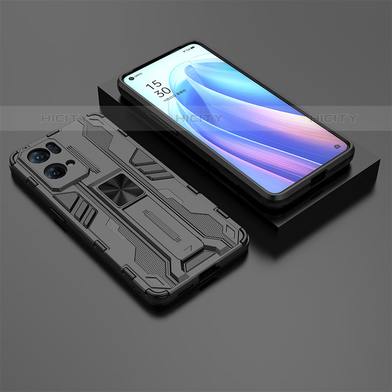 Coque Contour Silicone et Plastique Housse Etui Mat avec Aimant Magnetique Support T02 pour Oppo Reno7 Pro 5G Noir Plus