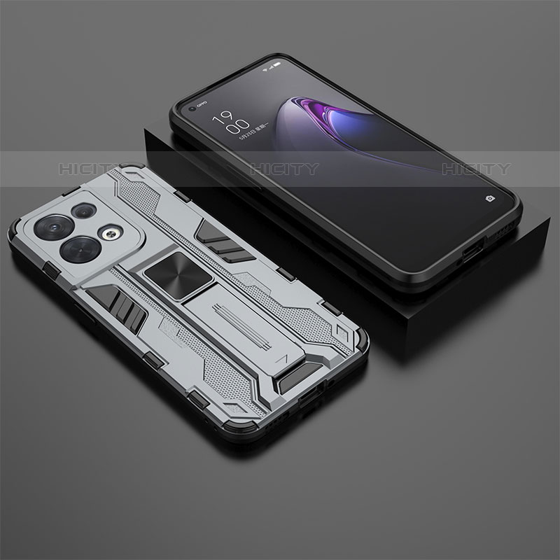 Coque Contour Silicone et Plastique Housse Etui Mat avec Aimant Magnetique Support T02 pour Oppo Reno8 5G Gris Plus