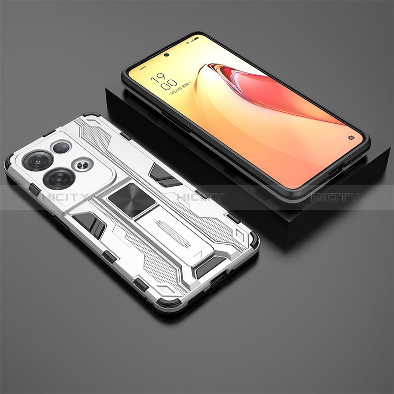 Coque Contour Silicone et Plastique Housse Etui Mat avec Aimant Magnetique Support T02 pour Oppo Reno9 Pro+ Plus 5G Blanc Plus